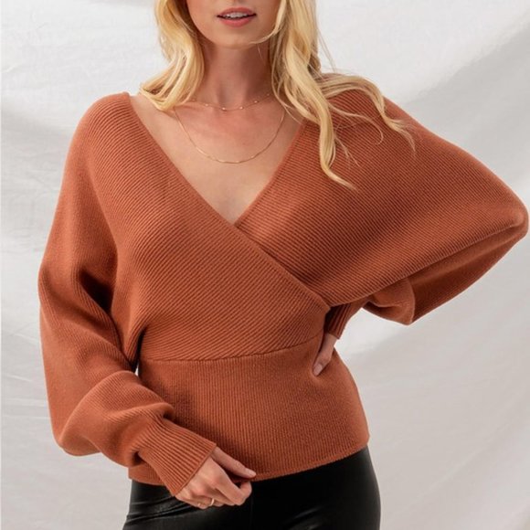 NEW Rust Wrap V Neck Dolman Sleeves Cozy Sweater - Picture 2 of 8